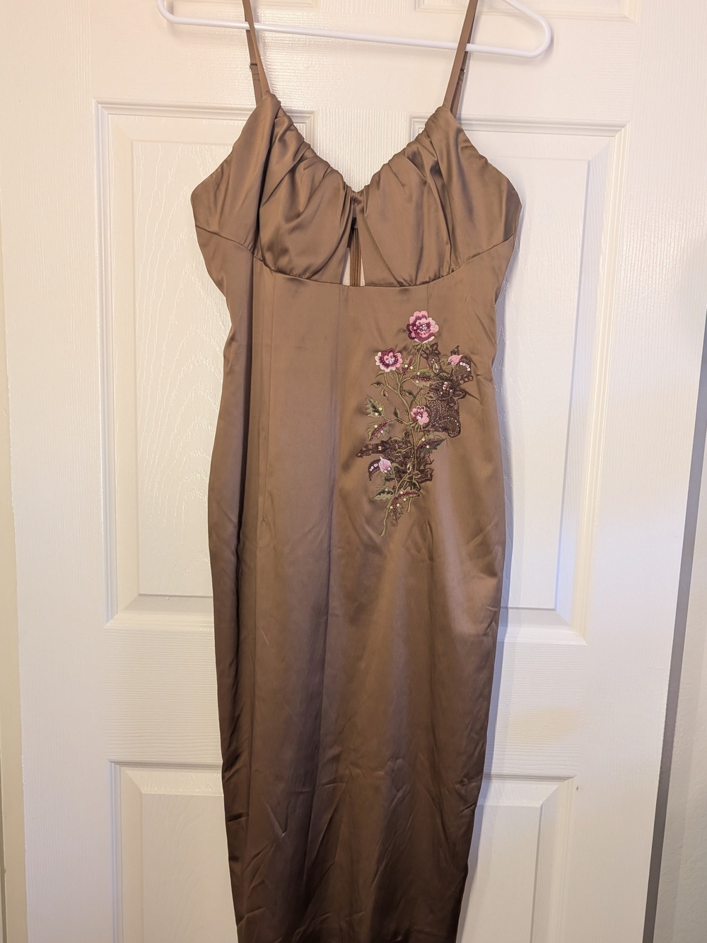 Brown Satin Midi Slip Dress with Pink Floral Embroidery